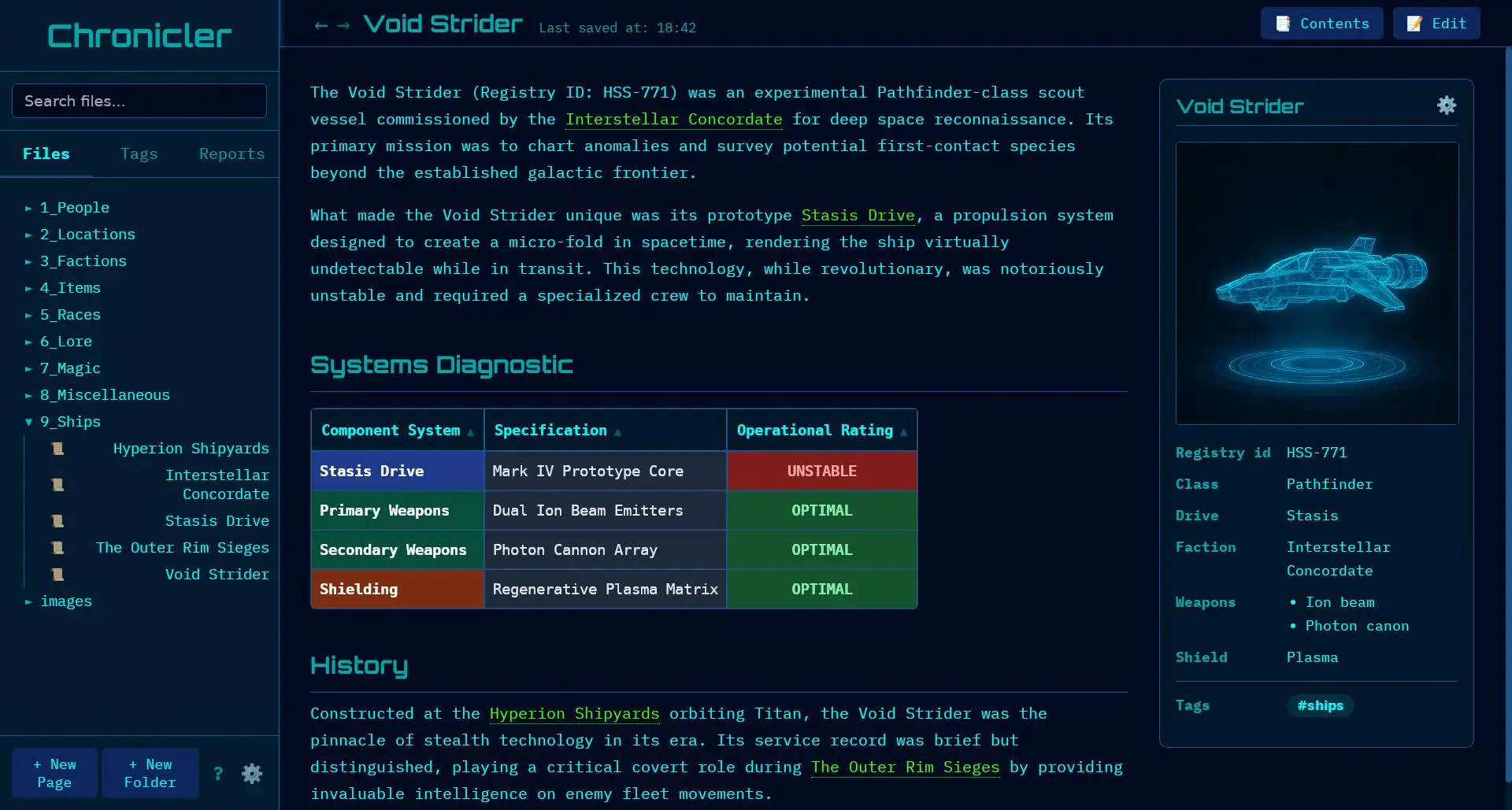 Sci-fi vehicle database entry with dark mode theme